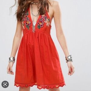 Free People Love And Flowers Embroidered Halter Mini Dress